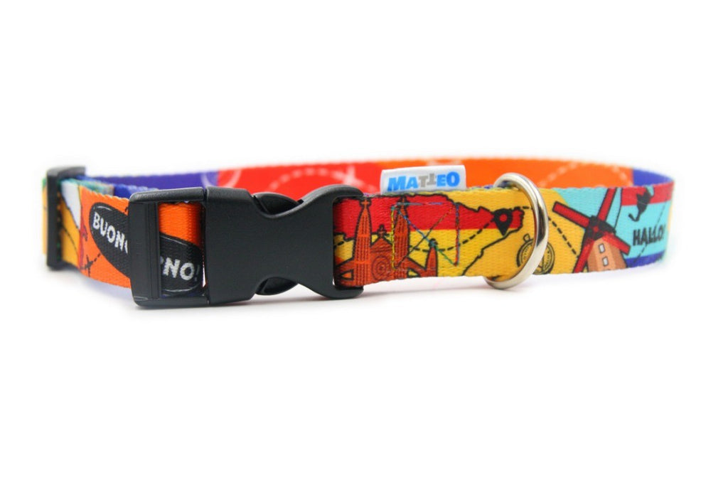 Travel print dog collar, front view of the black plastic buckle and metal D-ring