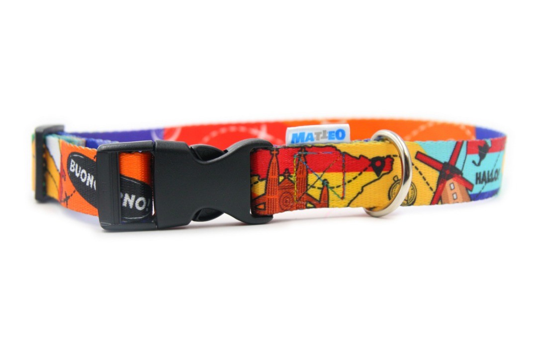 Travel print dog collar, front view of the black plastic buckle and metal D-ring