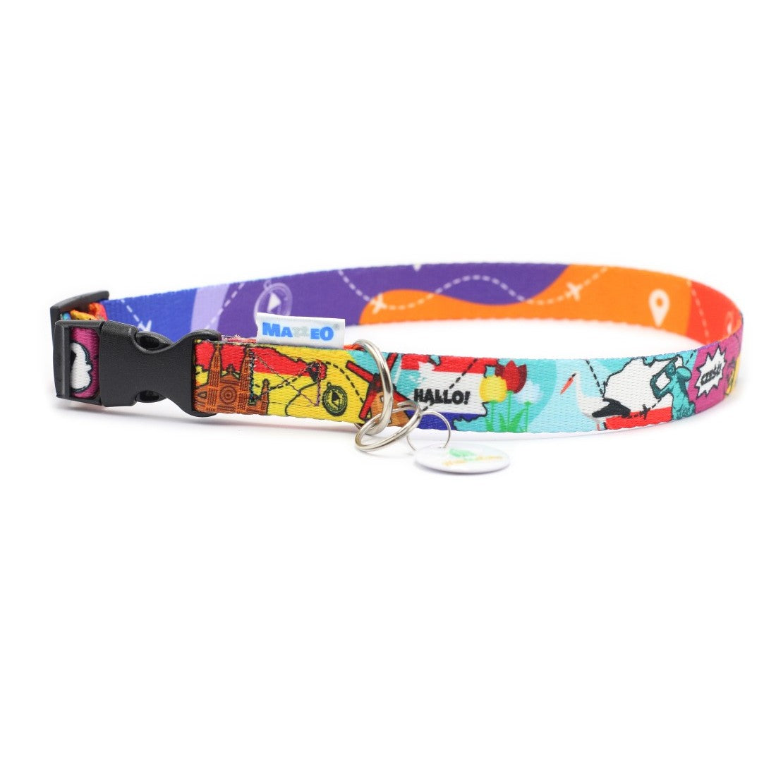 Travel print dog collar with a black plastic side-release buckle, metal D-ring and ID tag