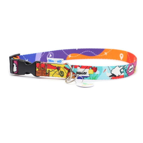 Travel print dog collar with a black plastic side-release buckle, metal D-ring and ID tag