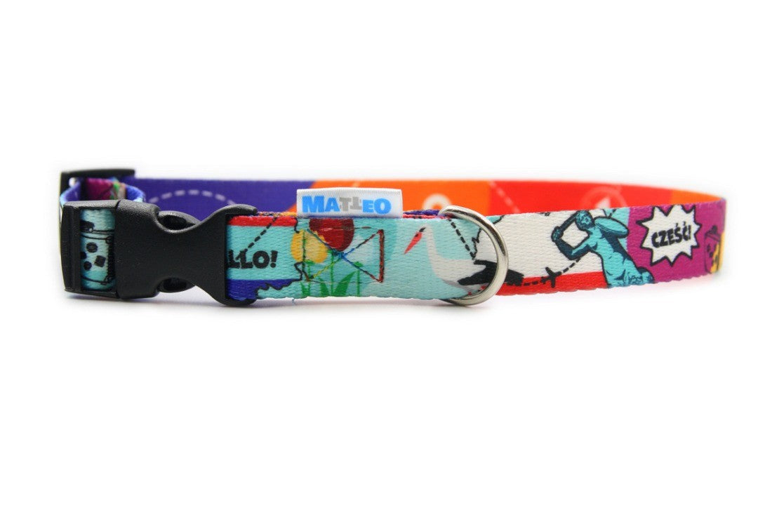 Travel print dog collar with a black plastic buckle and metal D-ring