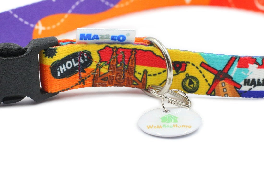 Close-up of the Travel print collar's black plastic buckle, metal D-ring and ID tag