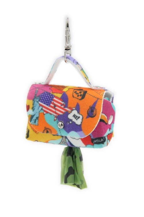 Travel print felt poo-bag holder with snap hook