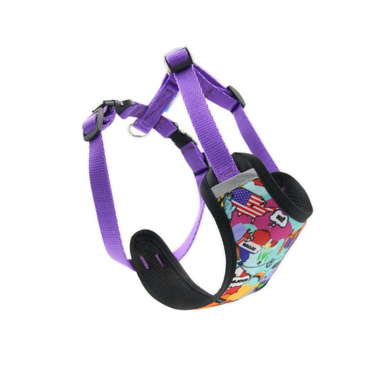 Travel print pressure-free dog harness, side view