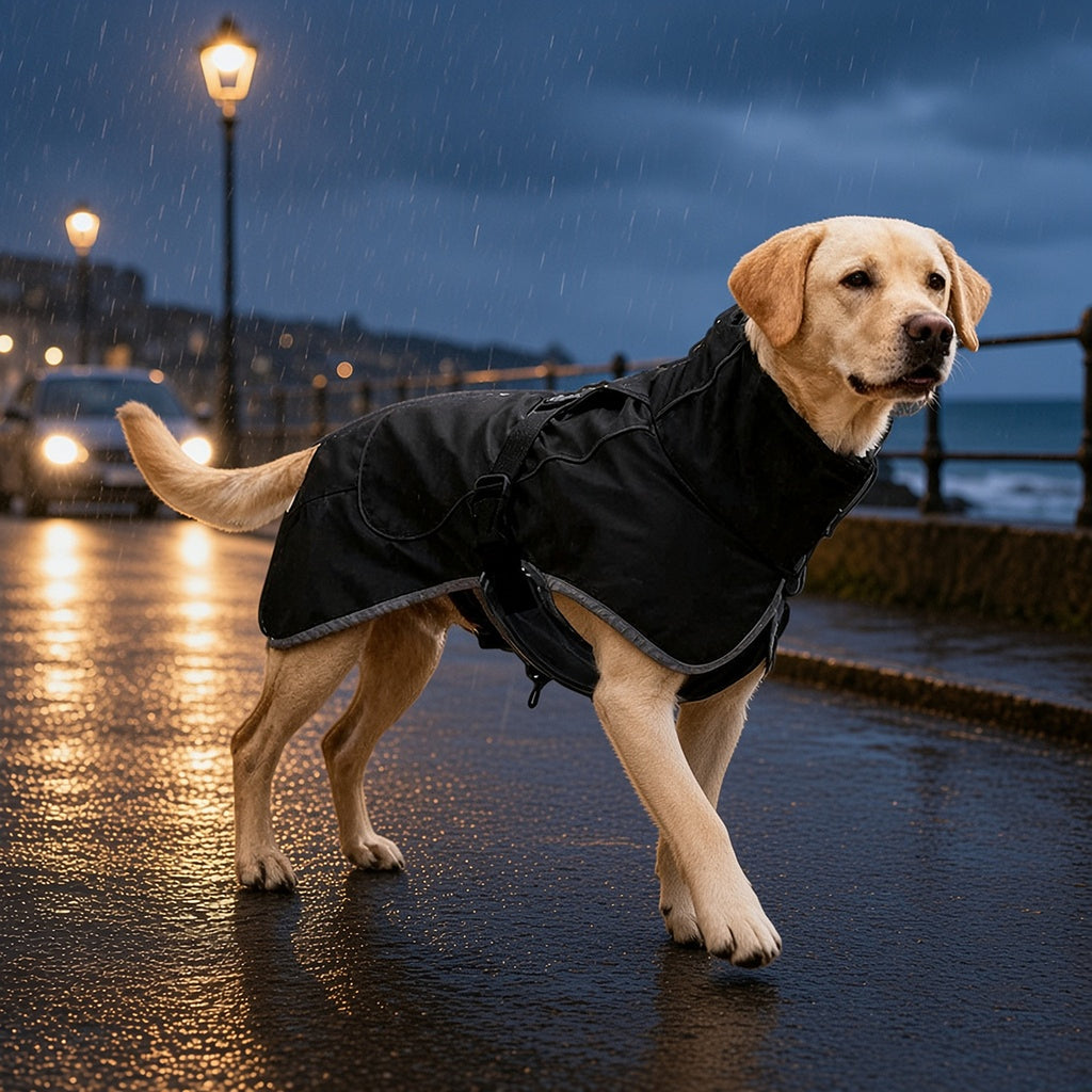 Dog in the black raincoat on a wet seafront walk at dusk